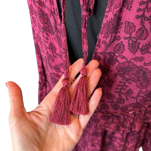 American Eagle Boho Floral Tiered Mini Dress M Tassel Keyhole Cottagecore B173 - Picture 4 of 9